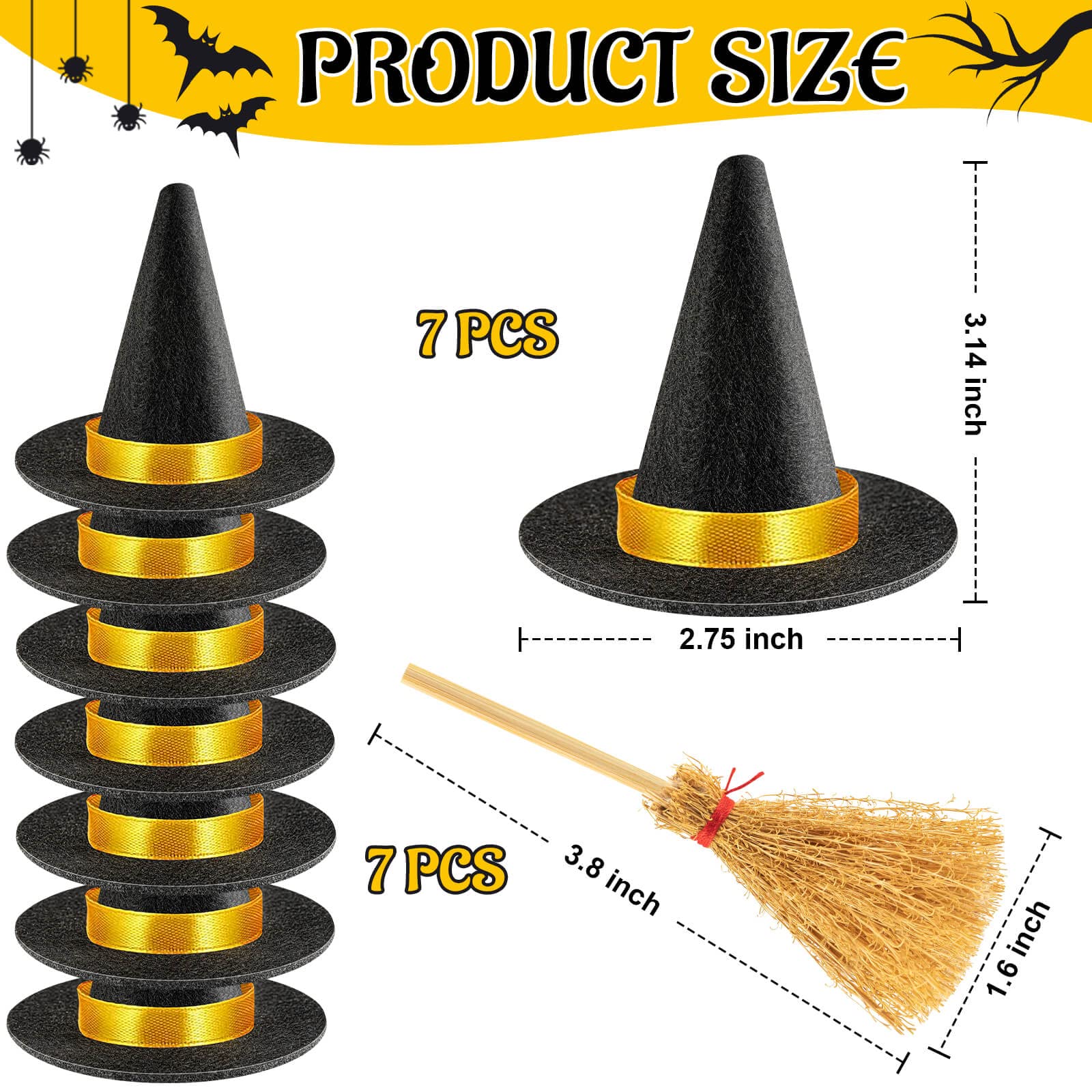 ZHWKMYP 14Pcs Mini Witch Hat, Small Witch Hats for Crafts, Felt Witch Hats and Brooms for Halloween Handmade Wine Bottle Party Decor