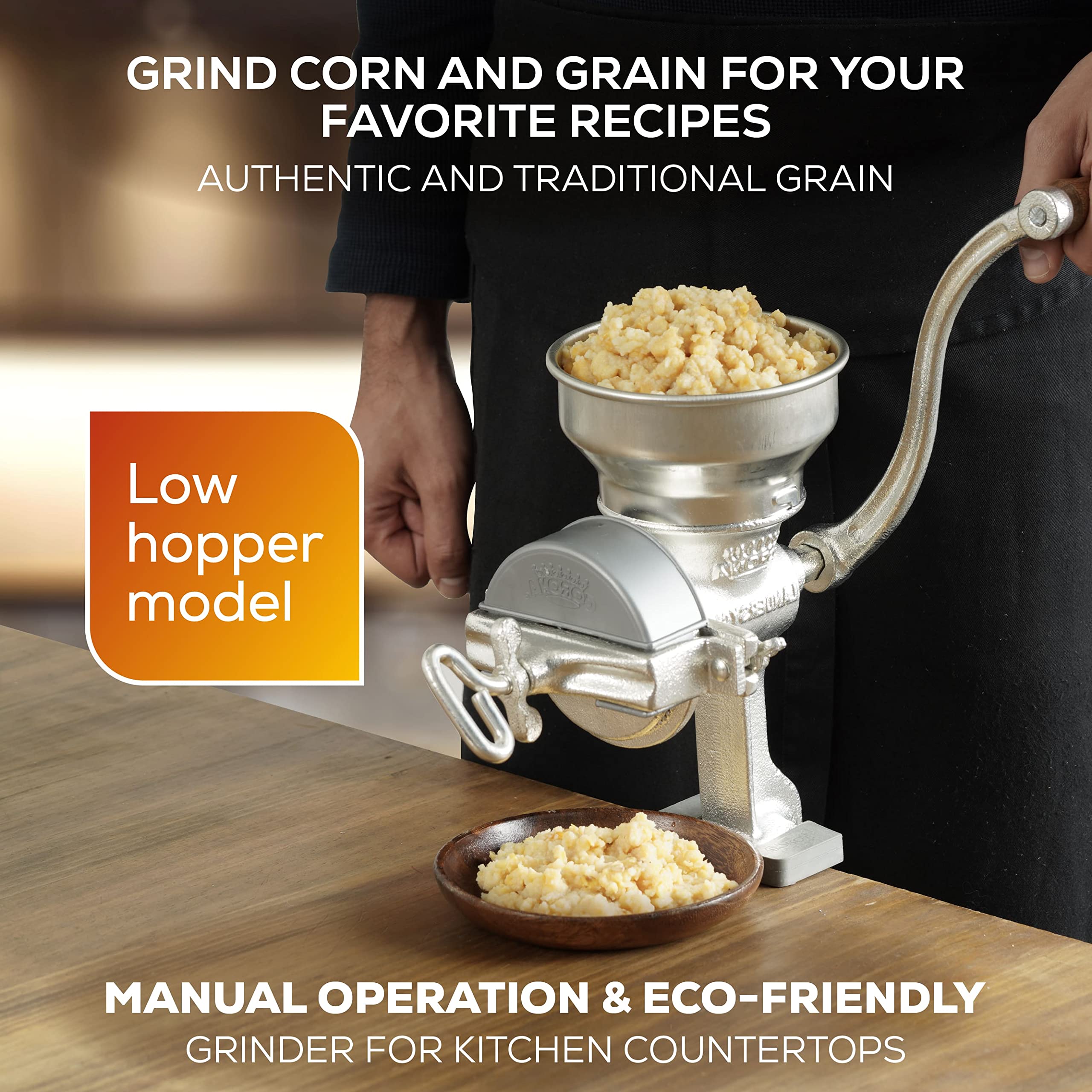 Corona Corn Grinder with Low Hopper, Grain Mill, Manual Grinder For Corn, Rice, Soybeans, Pepper, Chickpeas, Cast Iron Wheat Grinder For Domestic Use