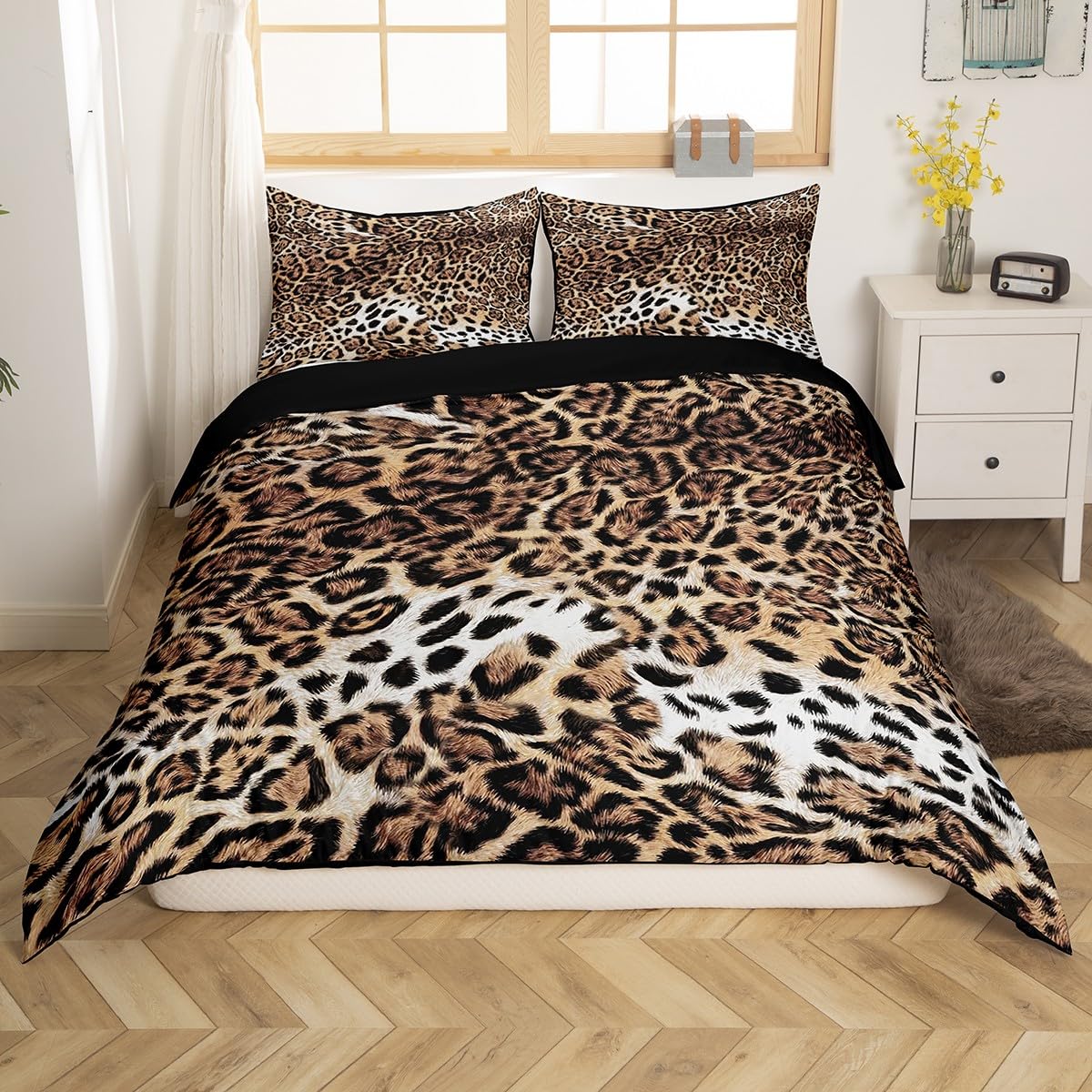 Erosebridal Leopard Print Duvet Cover Set Cheetah Bedding Sets Queen,Safari Animal Comforter Cover Jungle Theme Bedding Animal Fur Design Quilt Cover,Luxury Cozy Breathable Brown Duvet Cover 3-Piece