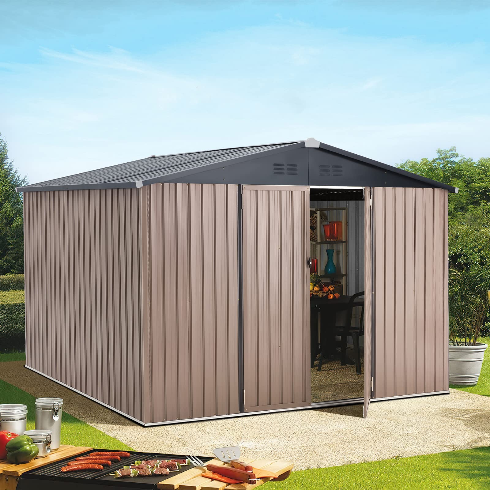 AECOJOY 8' x 10' Metal Storage Shed for Outdoor, Steel Yard Shed with Design of Lockable Doors, Utility and Tool Storage for Garden, Backyard, Patio, Outside use.