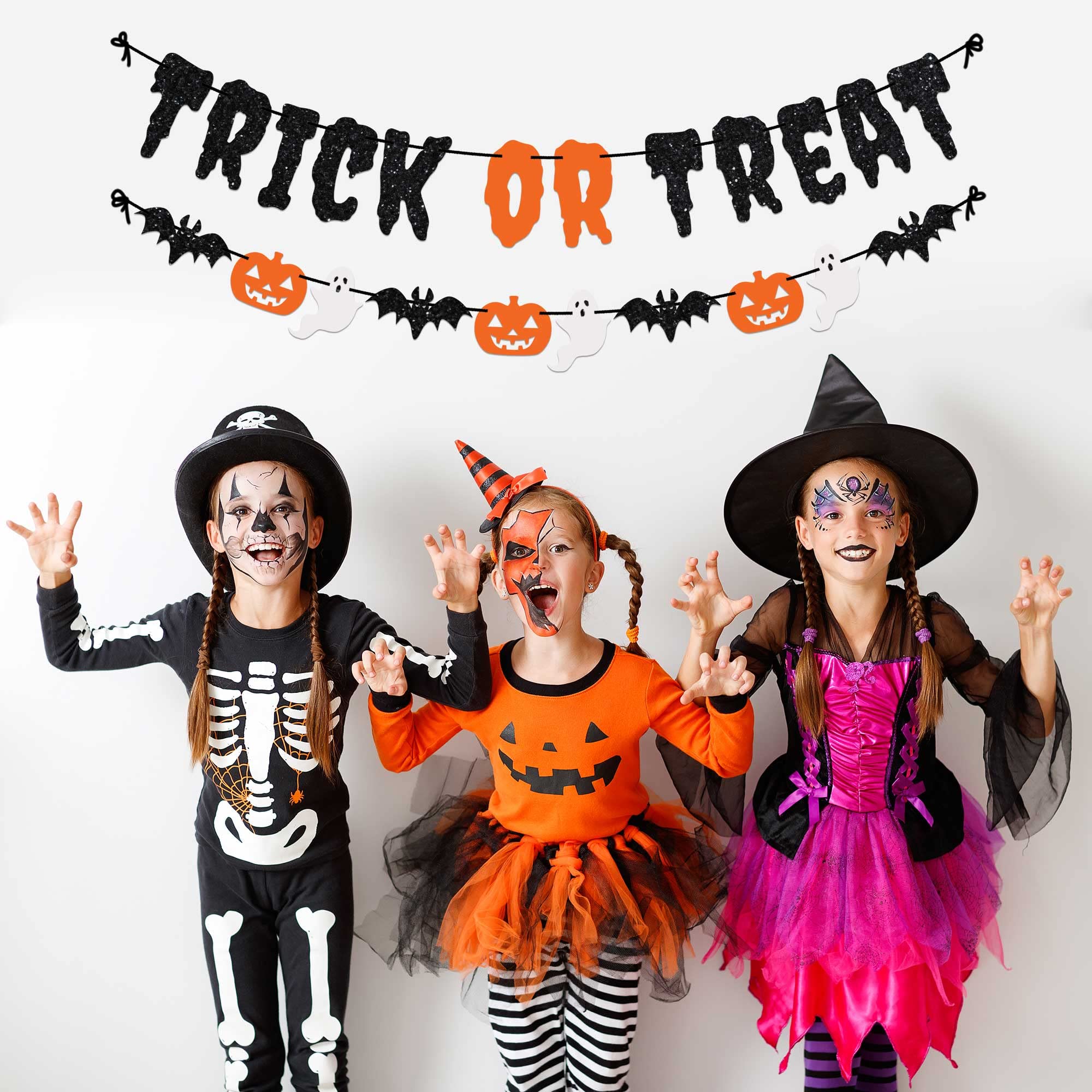 Pre-Strung Trick or Treat Banner - NO DIY - Black Glitter Halloween Banner - Pre-Strung Garland on 8 ft Strand - Pumpkins Ghosts & Bats Halloween Party Decorations & Decor. Did we mention no DIY?