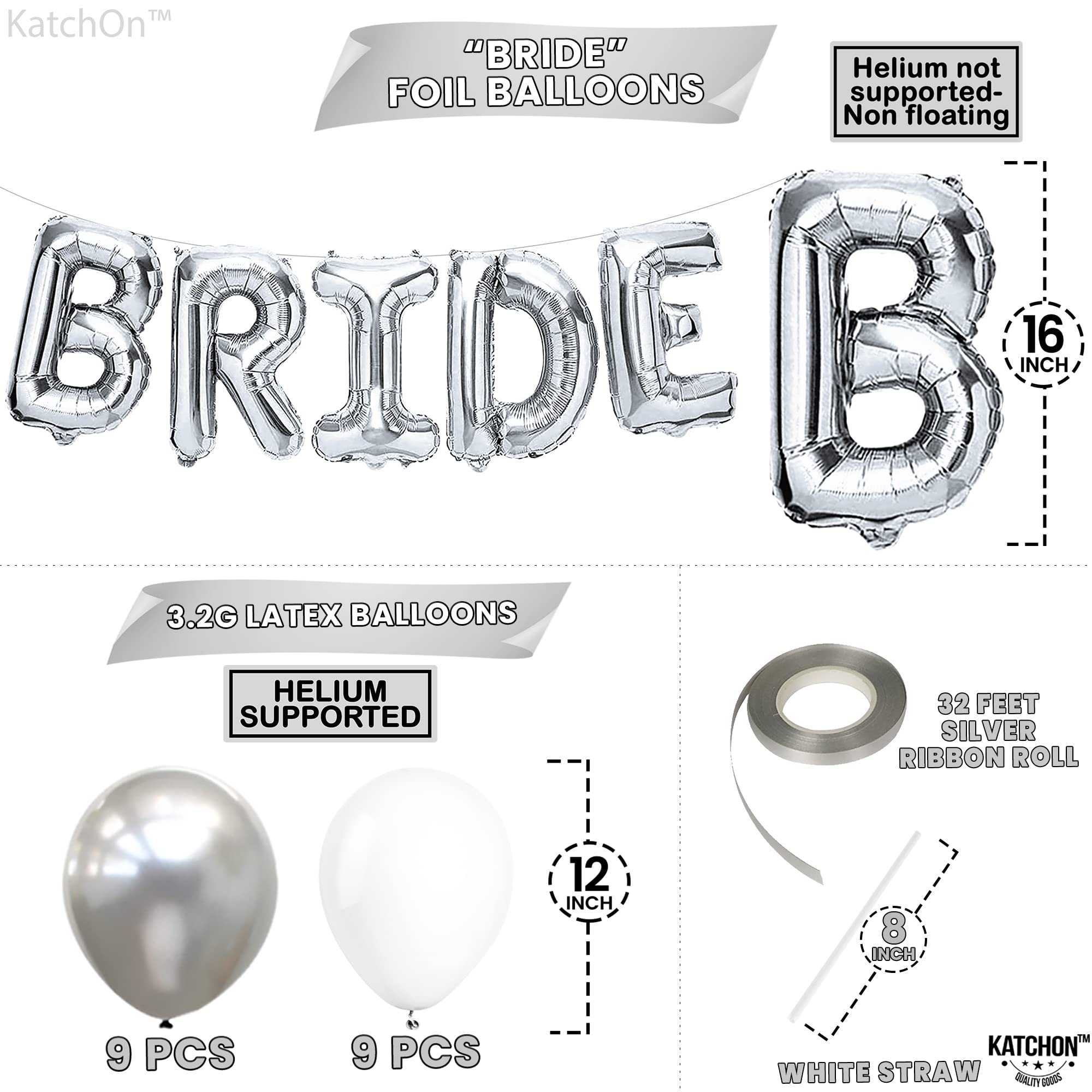 KatchOn, 23pcs Silver Bride Balloons Set - 16 Inch, Silver & White, for Bachelorette Party Decorations