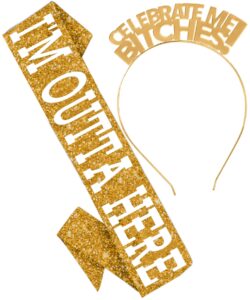 rhinestonesash i'm outta here gold glitter sash and celebrate me headband - 2pc set - retirement, graduation party supplies gold set