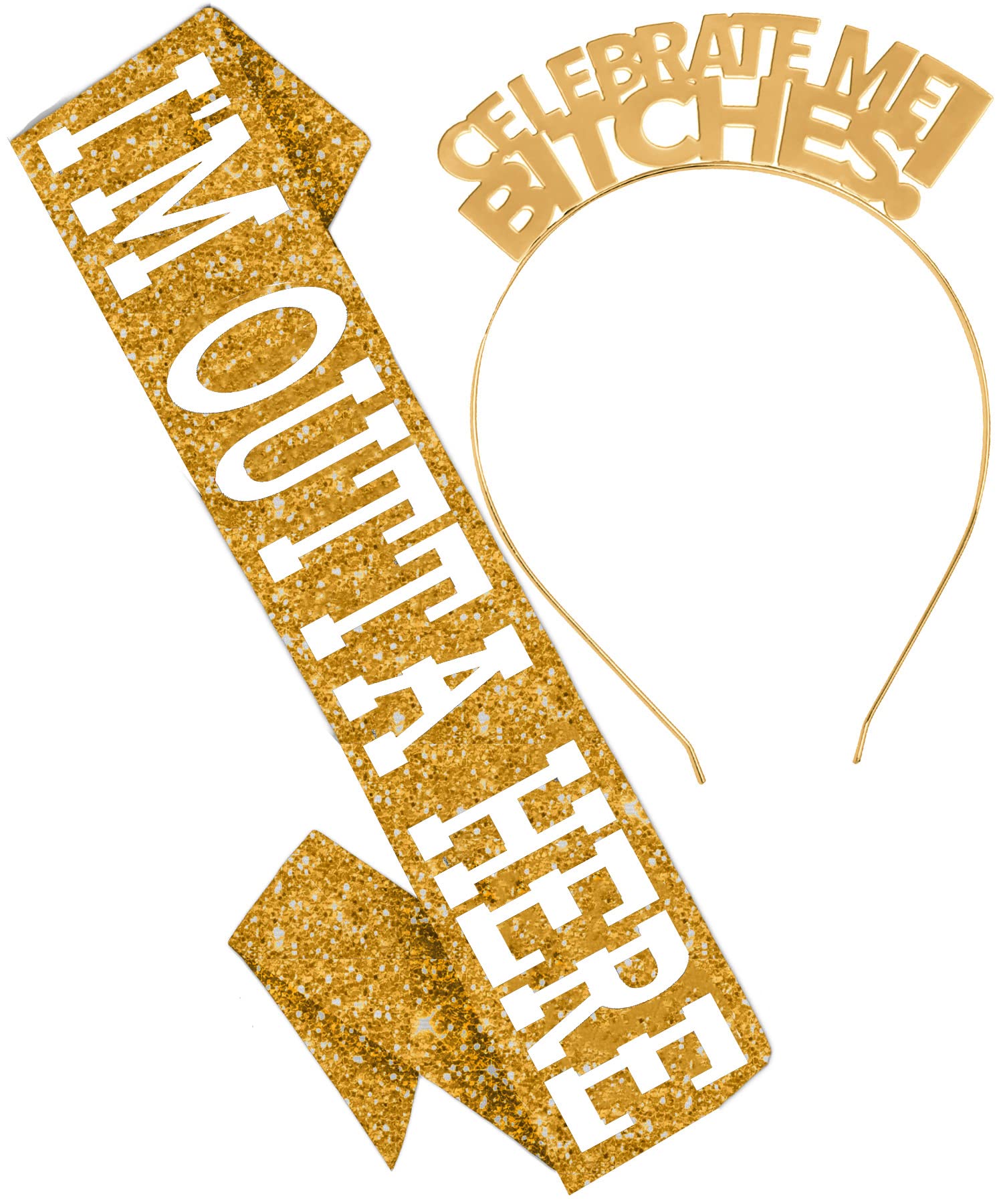 RhinestoneSash I'm Outta Here Gold Glitter Sash and Celebrate Me Headband - 2PC SET - Retirement, Graduation Party Supplies Gold Set