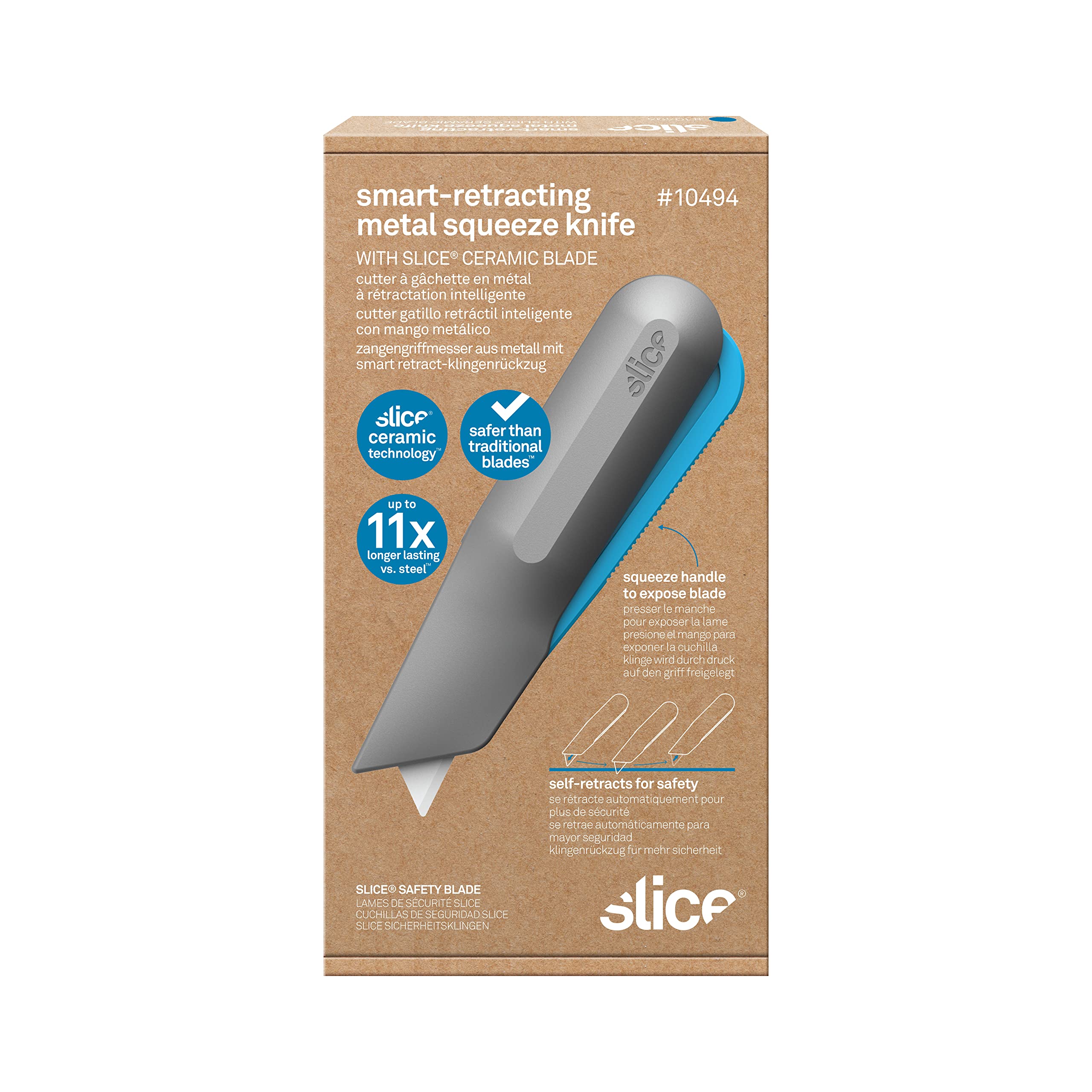 Slice 10494, Squeeze Knife Box Cutter, Ceramic Blade, Finger Friendly, Lasts 11x as Long, Safety Lock Switch, Metal Handle, Blade Smartly Retracts While Cutting, 6 Pack