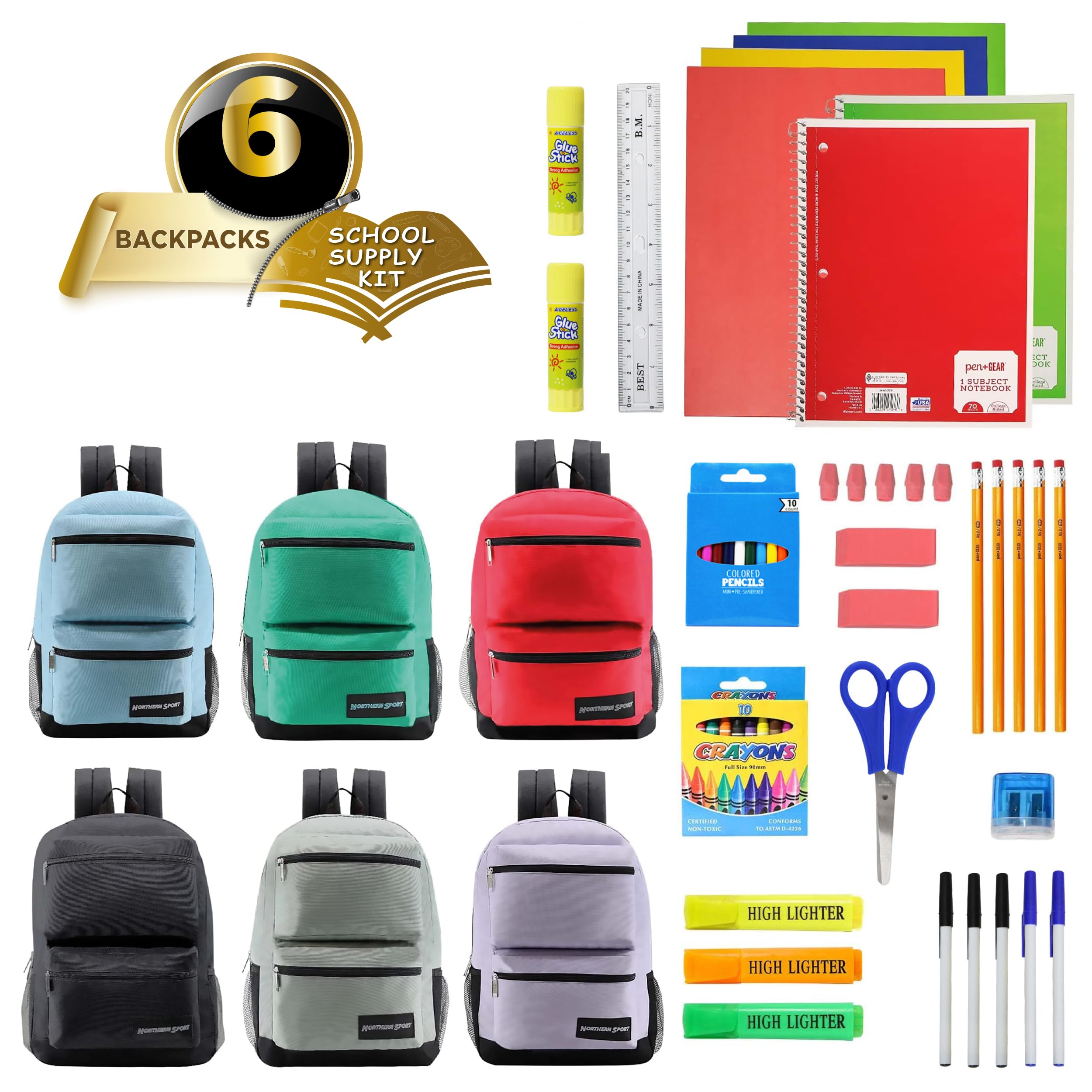 6-Pack 17” Backpacks with 52 Piece School Supplies Kits - Pens, Pencils, Crayons – Bulk Bundle for Elementary, Middle, and High School Students, 6 Assorted Styles