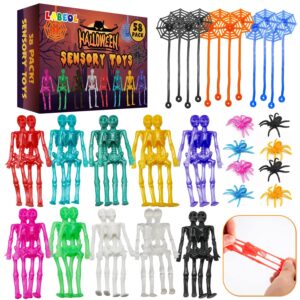 58pcs halloween party favors stretchy toys halloween treats skeleton spider spiderweb for kids boys girls assorted color squishy toys for happy halloween goody bag fillers treats non candy gifts