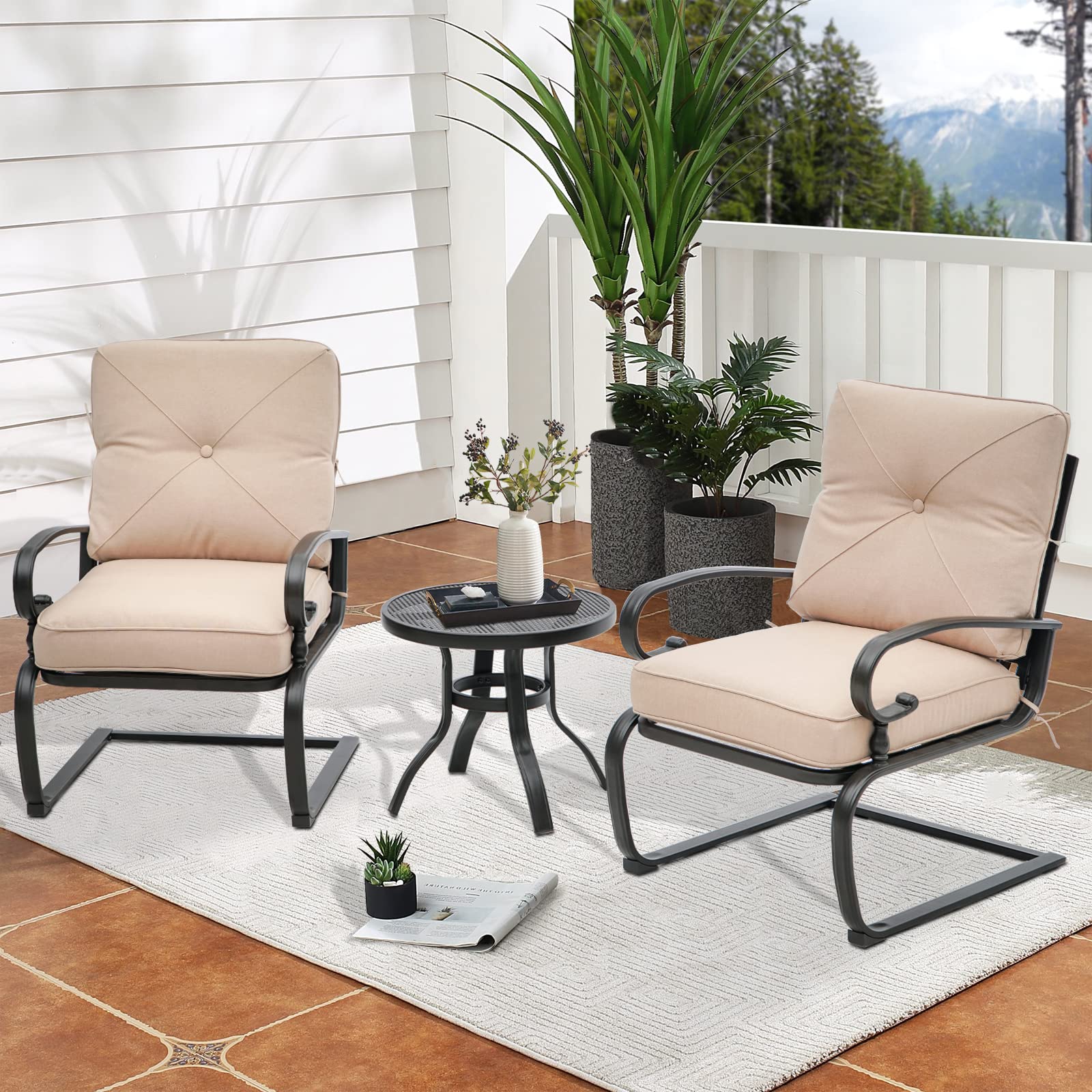 Oakcloud Outdoor Bistro Set 3-Piece Spring Metal Lounge Cushioned Chairs and Bistro Table Set Wrought Iron Cafe Furniture Seat, Brown