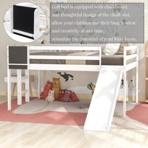 CITYLIGHT Full Size Loft Bed with Slide, Kids Low Loft Bed Frame with Chalkboard for Boys & Girls, Wood Full Slide Loft Bed with Under-Bed Space Storage (White, Full)