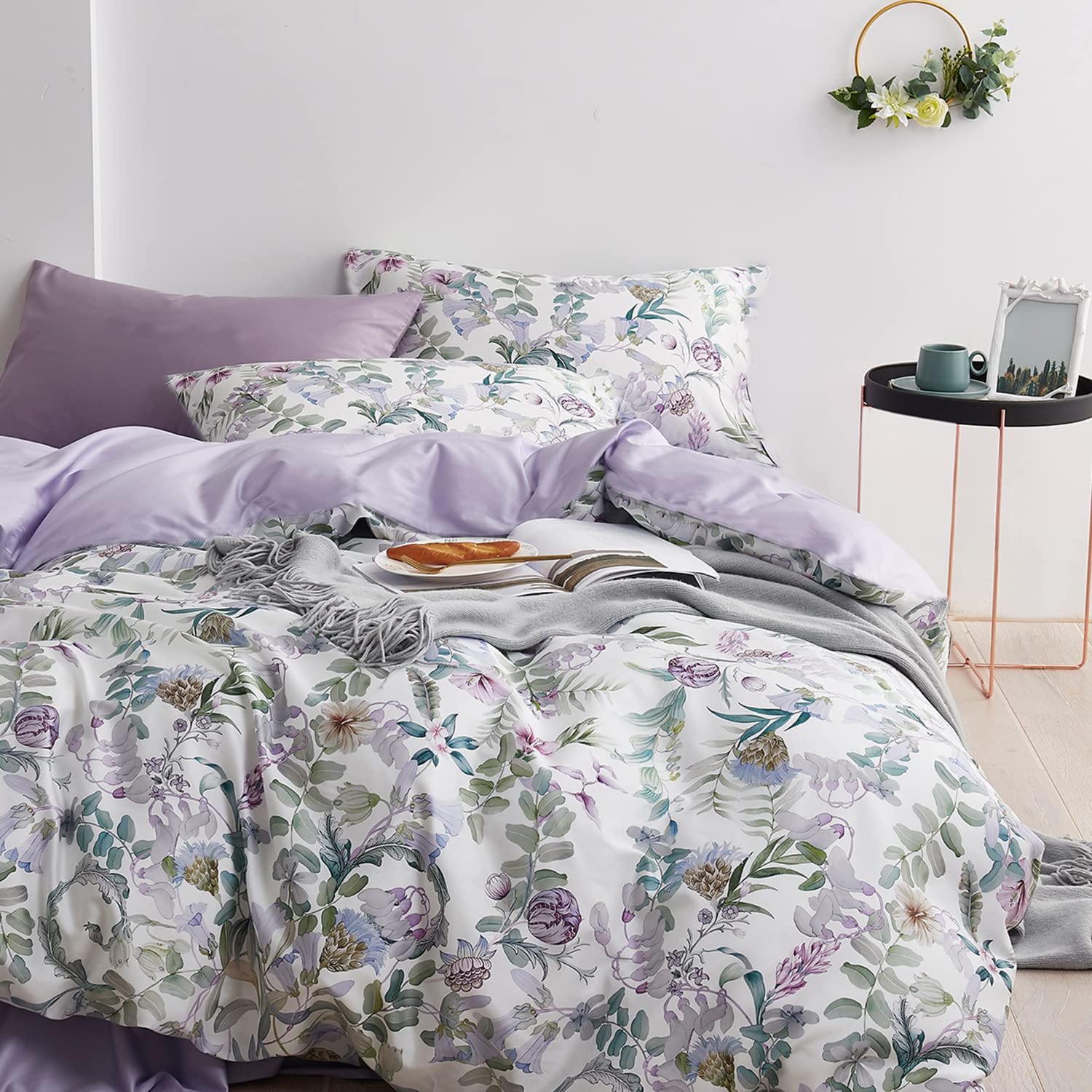 Floral Garden Style Duvet Cover Set Watercolor Purple Bedding Set Smooth Soft Flowers Green Botanical Pattern 3 Pieces 1 Comforter Cover + 2 Pillow Shams(Queen, No Comforter)