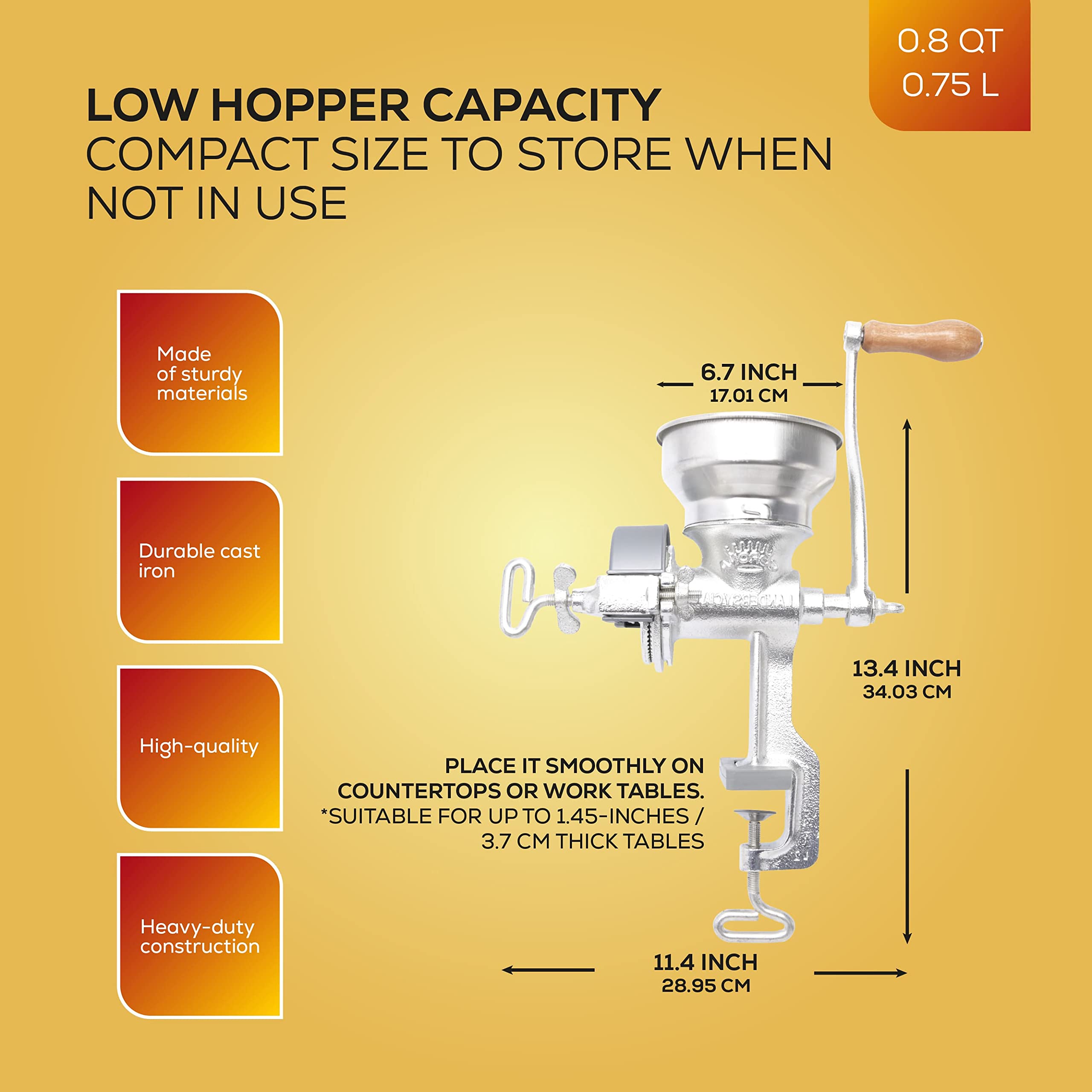 Corona Corn Grinder with Low Hopper, Grain Mill, Manual Grinder For Corn, Rice, Soybeans, Pepper, Chickpeas, Cast Iron Wheat Grinder For Domestic Use