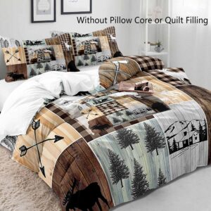 VIVIHOME 3PCS Black Bear Moose Deer Duvet Cover, King Bedding Set, Vintage Brown Plaid Country Farmhouse Rustic Bedding, Forest Animal Wildlife Hunting Cabin Lodge Quilt Comforter Cover, 2 Pillowcases