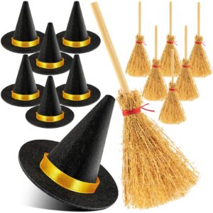 zhwkmyp 14pcs mini witch hat, small witch hats for crafts, felt witch hats and brooms for halloween handmade wine bottle party decor