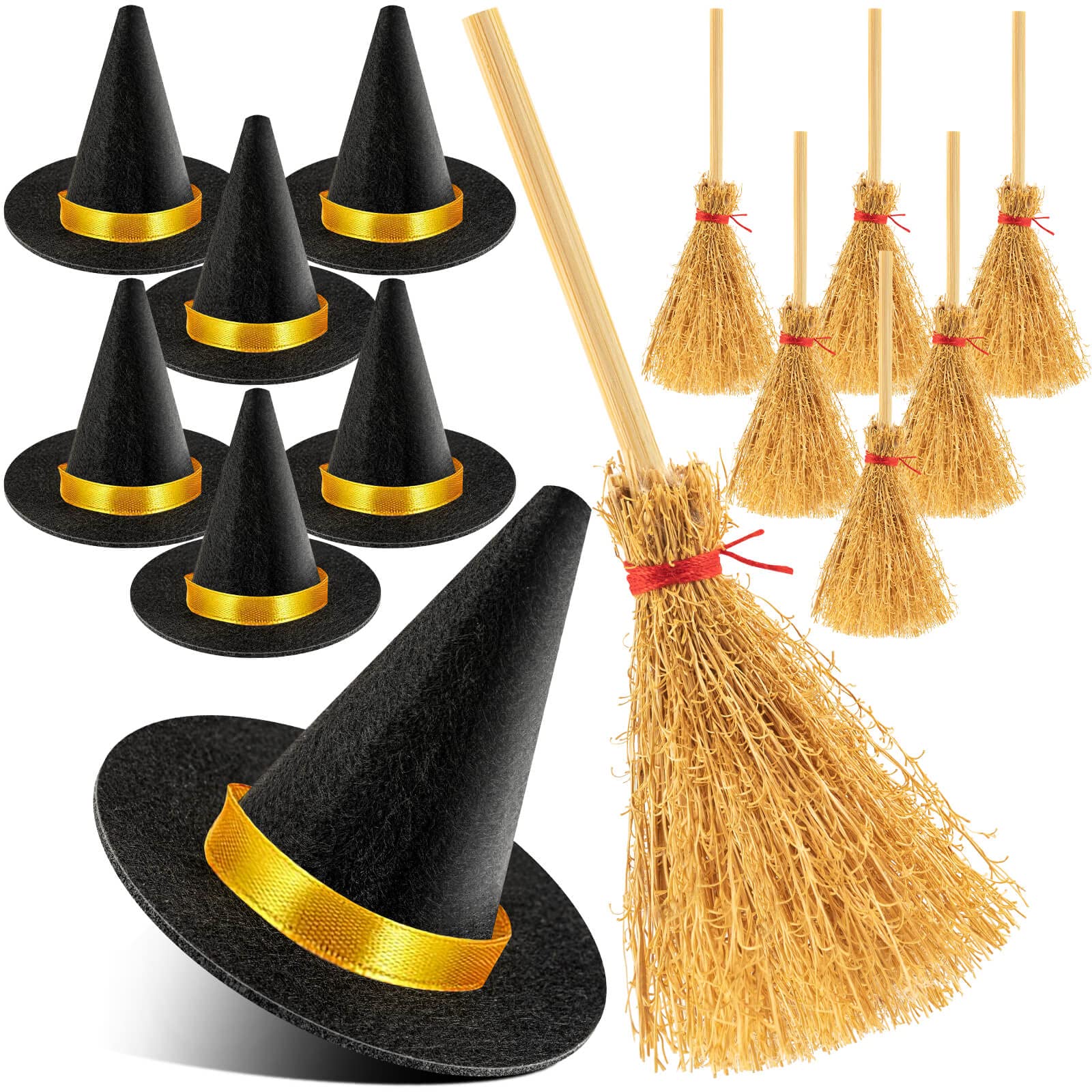 ZHWKMYP 14Pcs Mini Witch Hat, Small Witch Hats for Crafts, Felt Witch Hats and Brooms for Halloween Handmade Wine Bottle Party Decor