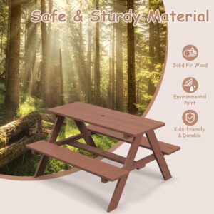 Olakids Kids Picnic Table, Outdoor Toddler Wooden Table and Chair Set with Removable Umbrella, Children Activity Furniture Bench Set for Patio Garden Backyard