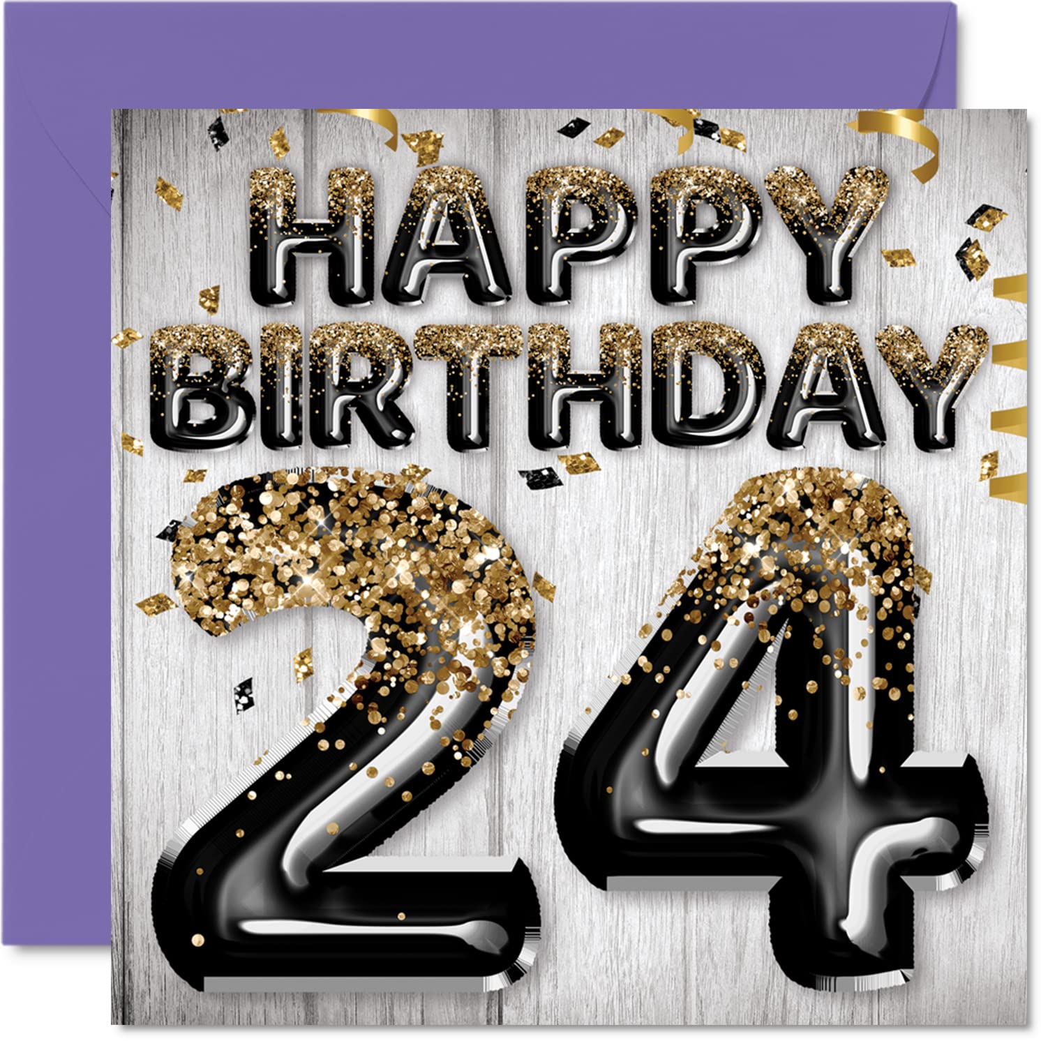 Stuff4 24th Birthday Card for Men - Black & Gold Glitter Balloons - Happy Birthday Cards for 24 Year Old Man Son Brother Uncle Cousin, 5.7 x 5.7 Inch Twenty-Four Twenty-Fourth Greeting Cards Gift