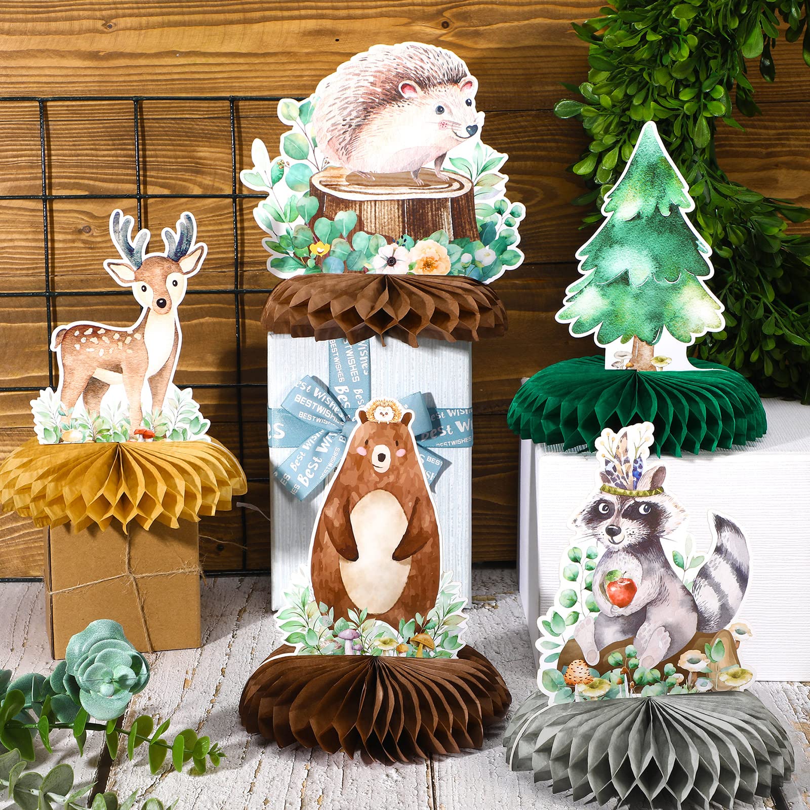 Fumete 9 Pack Woodland Animals Honeycomb Centerpieces 3D Table Topper Woodland Animals Centerpieces Woodland Baby Shower Decorations for Girl Boy Forest Theme Baby Shower Birthday Party Camping Decor