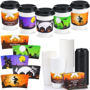 150 pcs 12 oz halloween disposable coffee cups with lids and coffee cup sleeves paper hot coffee cups dome lids and coffee cup tea cup sleeves for halloween party decoration supplies (horror pattern)