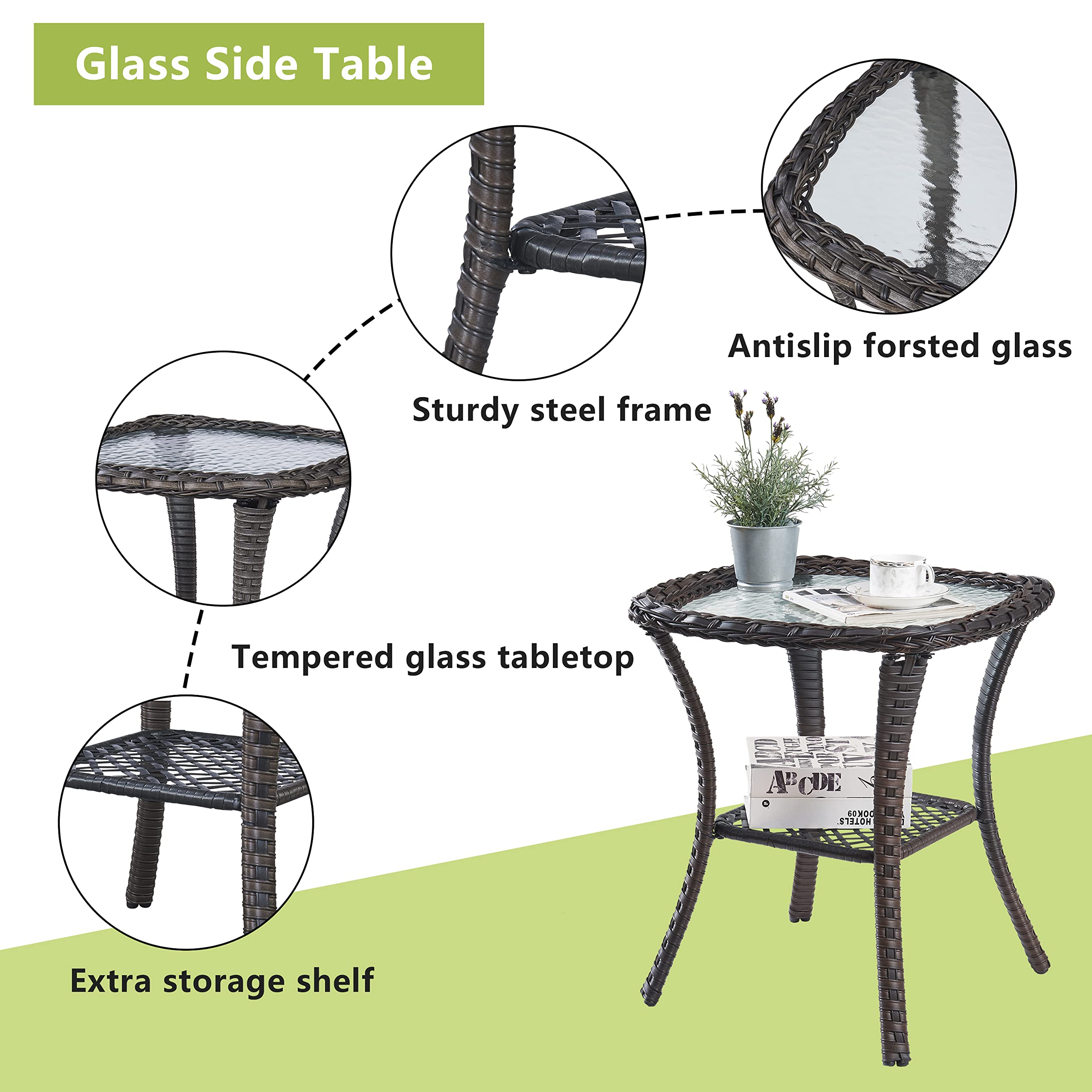 HUMMUH Patio Wicker Side Table Outdoor, Rattan End Table Glass Top Coffee Table with Storage Grey