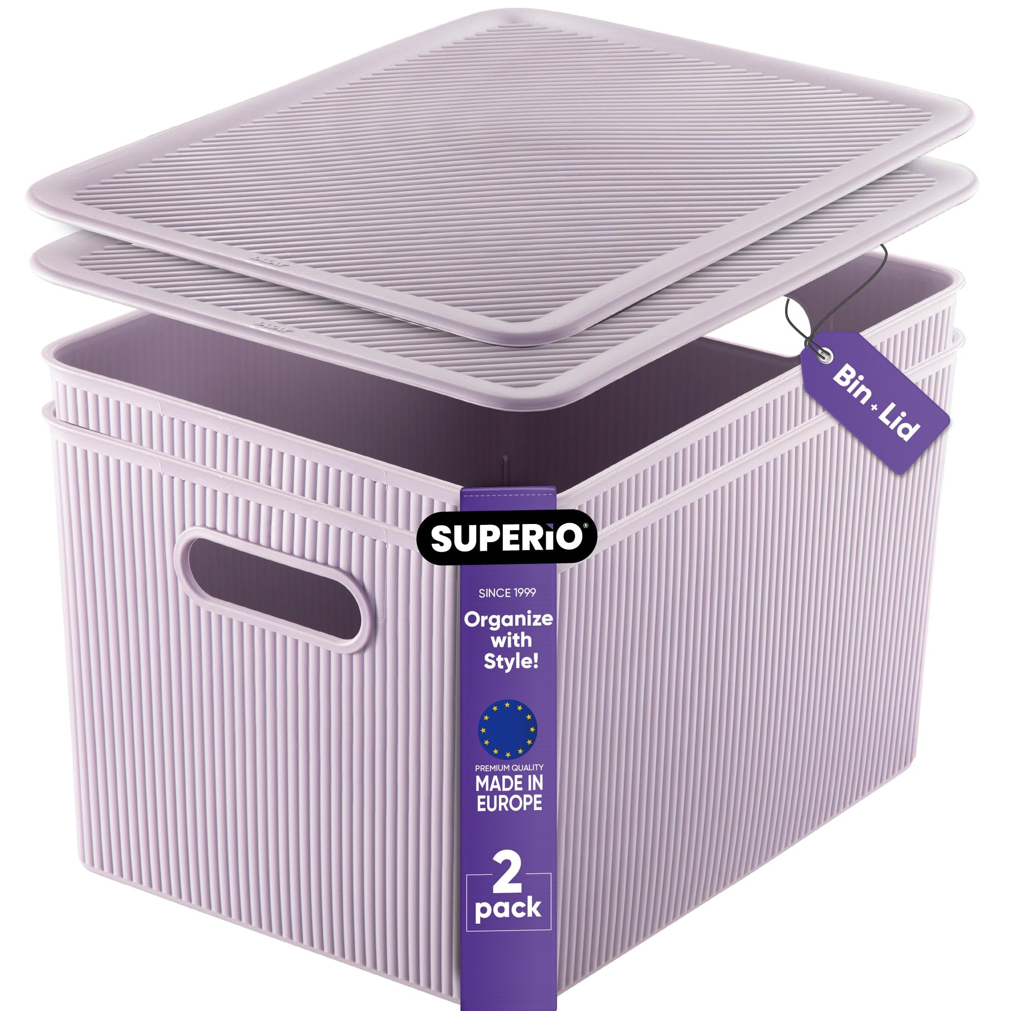 Superio Ribbed Collection - Decorative Plastic Lidded Home Storage Bins Organizer Baskets, X-Large Lilac Purple (2 Pack - 22 Liter) Stackable Container Box, for Organizing Closet Shelves Drawer Shelf