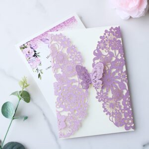 Hosmsua 5.1x7.3'' 50PCS Purple Glitter Quinceanera Invitation Kit Laser Cut Flora Butterfly Invitation Cards Pocket with Envelopes for Bridal Shower Sweet 16 Wedding Invitation (Purple Glitter)