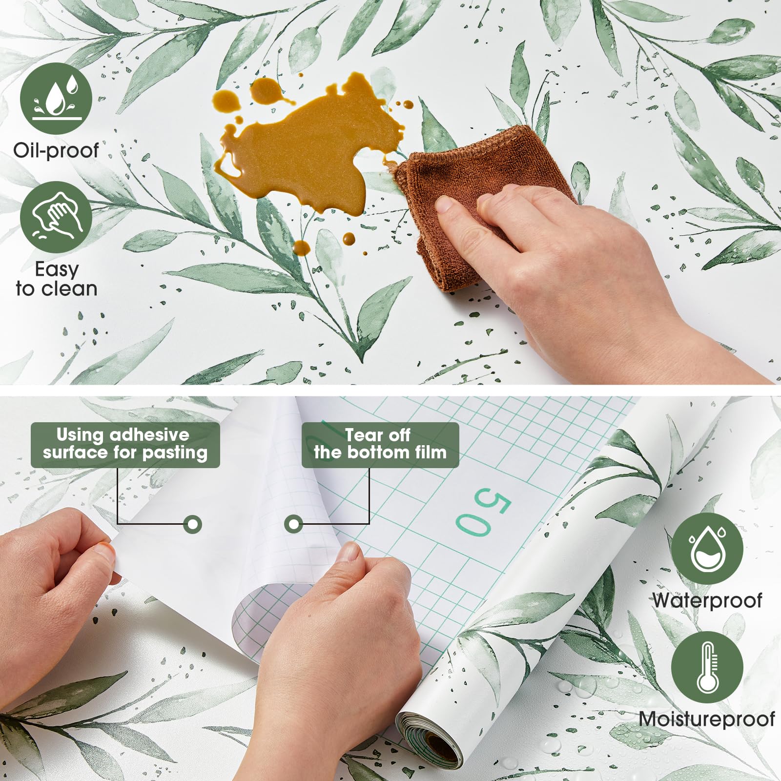 Beautyhero Peel and Stick Wallpaper 17.7 x118.1 Inch Olive Green Leaf Wallpaper Floral Contact Paper Bathroom Vinyl Removable Modern Farmhouse Sage Green Wall Paper Self Adhesive Neutral Wallpaper