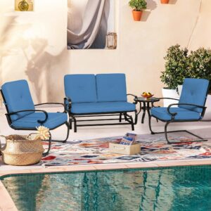 Patiomore 4Pcs Outdoor Furniture Patio Conversation Set, Glider Loveseat, 2 Spring Chairs with Coffee Table with Peacock Blue Cushion