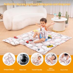 Rossison Nap Mat with Pillow and Blanket 100% Cotton with Microfiber Fill, Padded Sleeping Mat, for Daycare Preschool Toddler Prek Boys Girls Kids (Pink White Cat, Extra Long-56"x20")