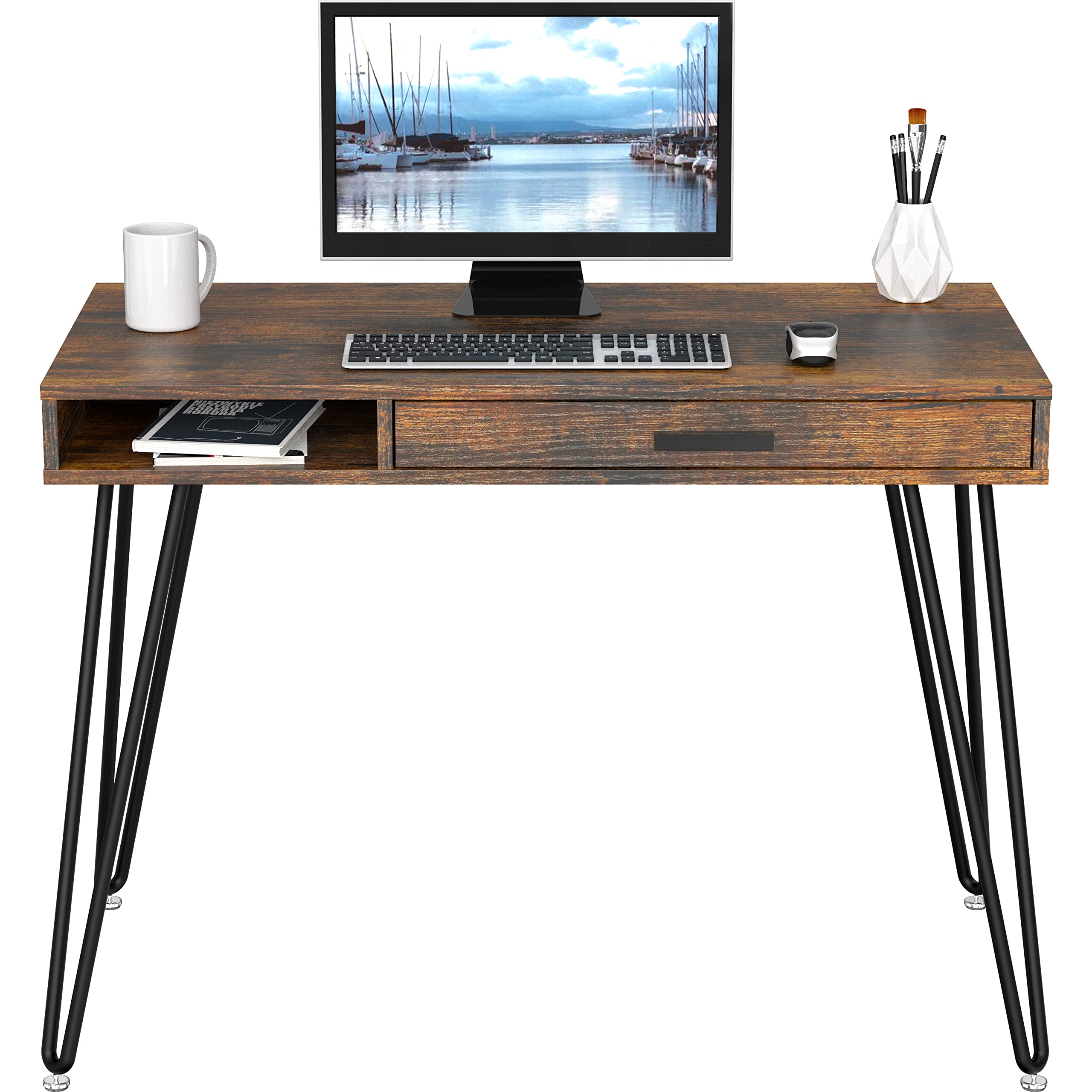 SHW Home Office Computer Hairpin Leg Desk with Drawer, Rustic Brown