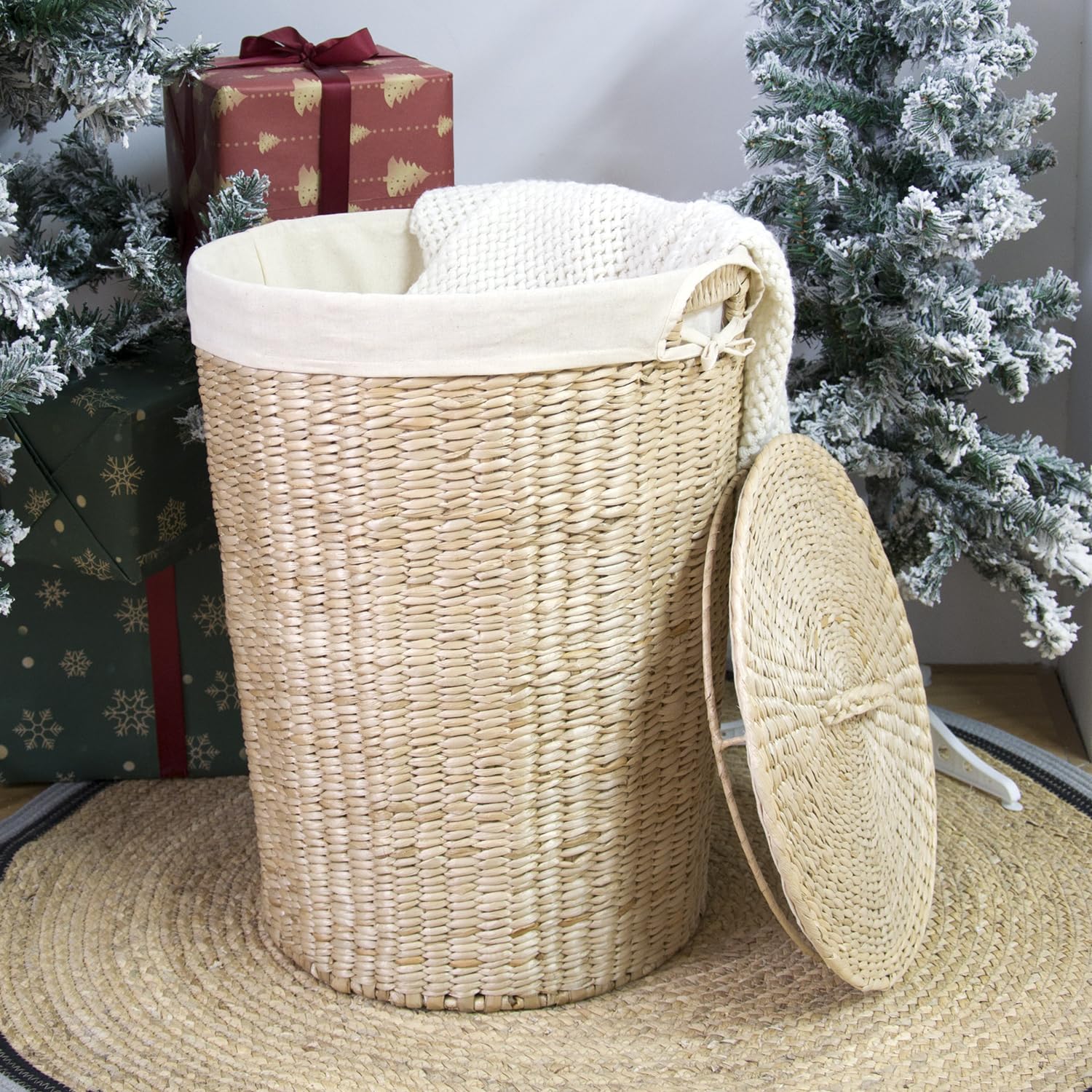 Handmade Wicker Laundry Basket with Lid,Hand-woven Laundry Hamper with Removable Liner,Large Laundry Basket with Ample Laundry Space