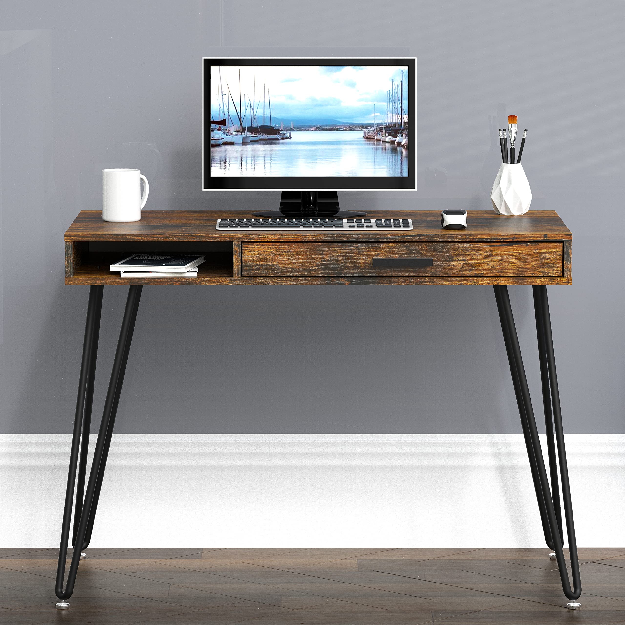 SHW Home Office Computer Hairpin Leg Desk with Drawer, Rustic Brown