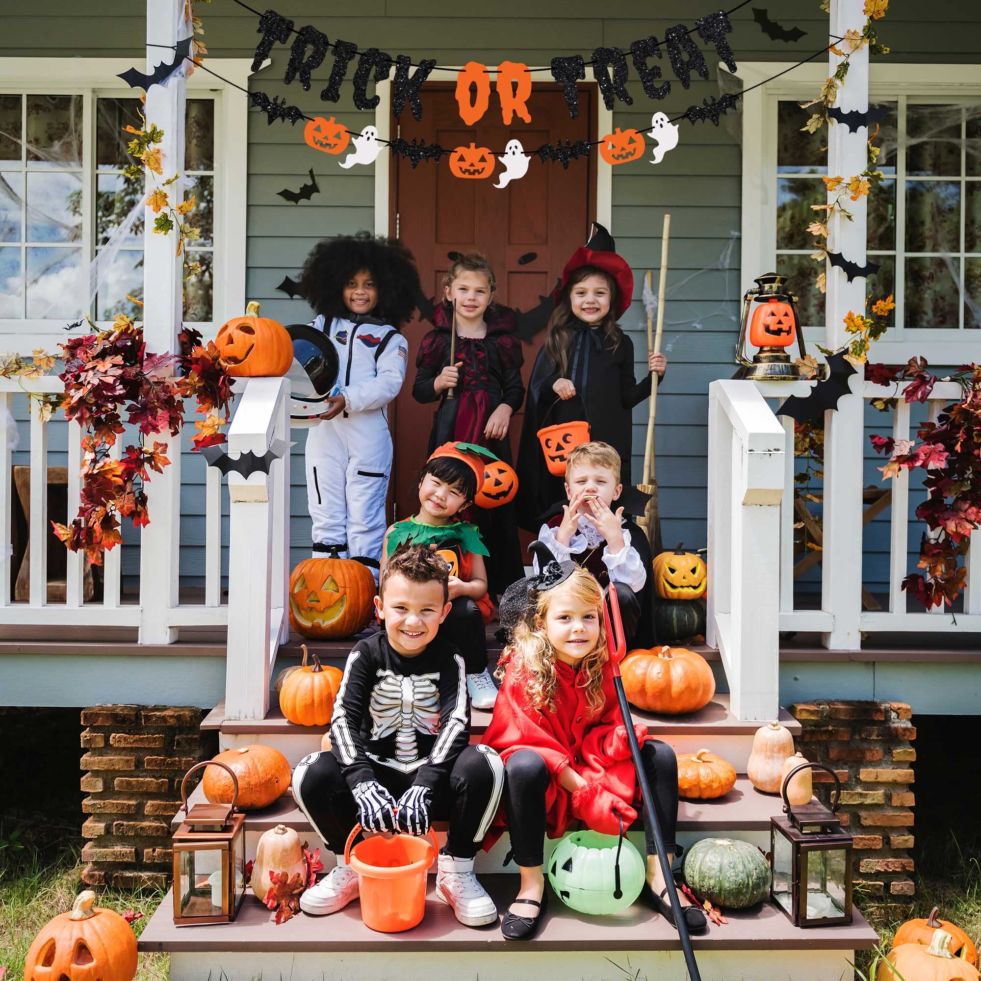 Pre-Strung Trick or Treat Banner - NO DIY - Black Glitter Halloween Banner - Pre-Strung Garland on 8 ft Strand - Pumpkins Ghosts & Bats Halloween Party Decorations & Decor. Did we mention no DIY?