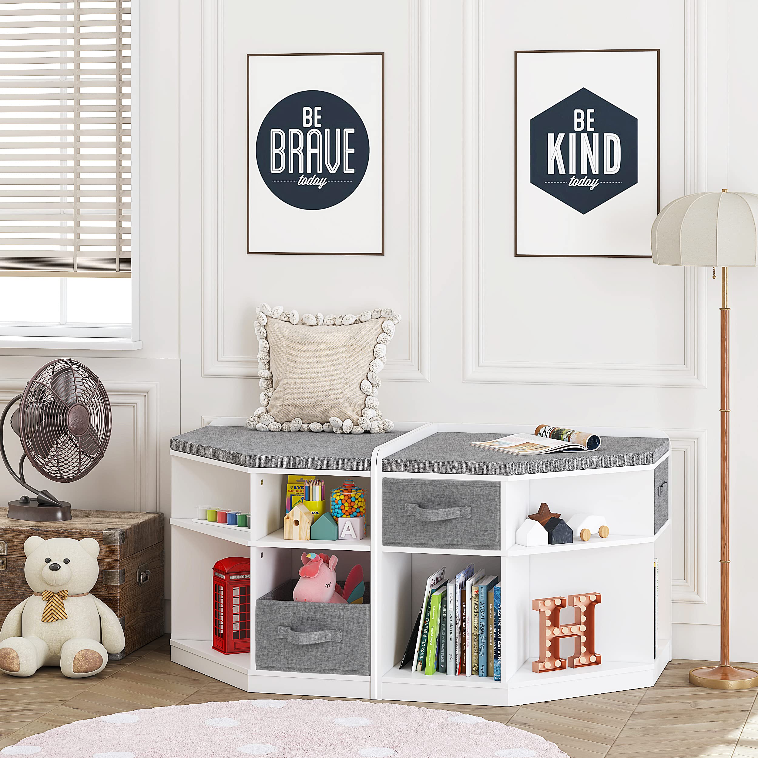 UTEX Kids Corner Reading Nook/ Bench with Storage, Corner Cabinet with 6 Cubbies for Living Room, Bedroom, an Ideal Gift for Kids, Toddlers 3 Age +, White