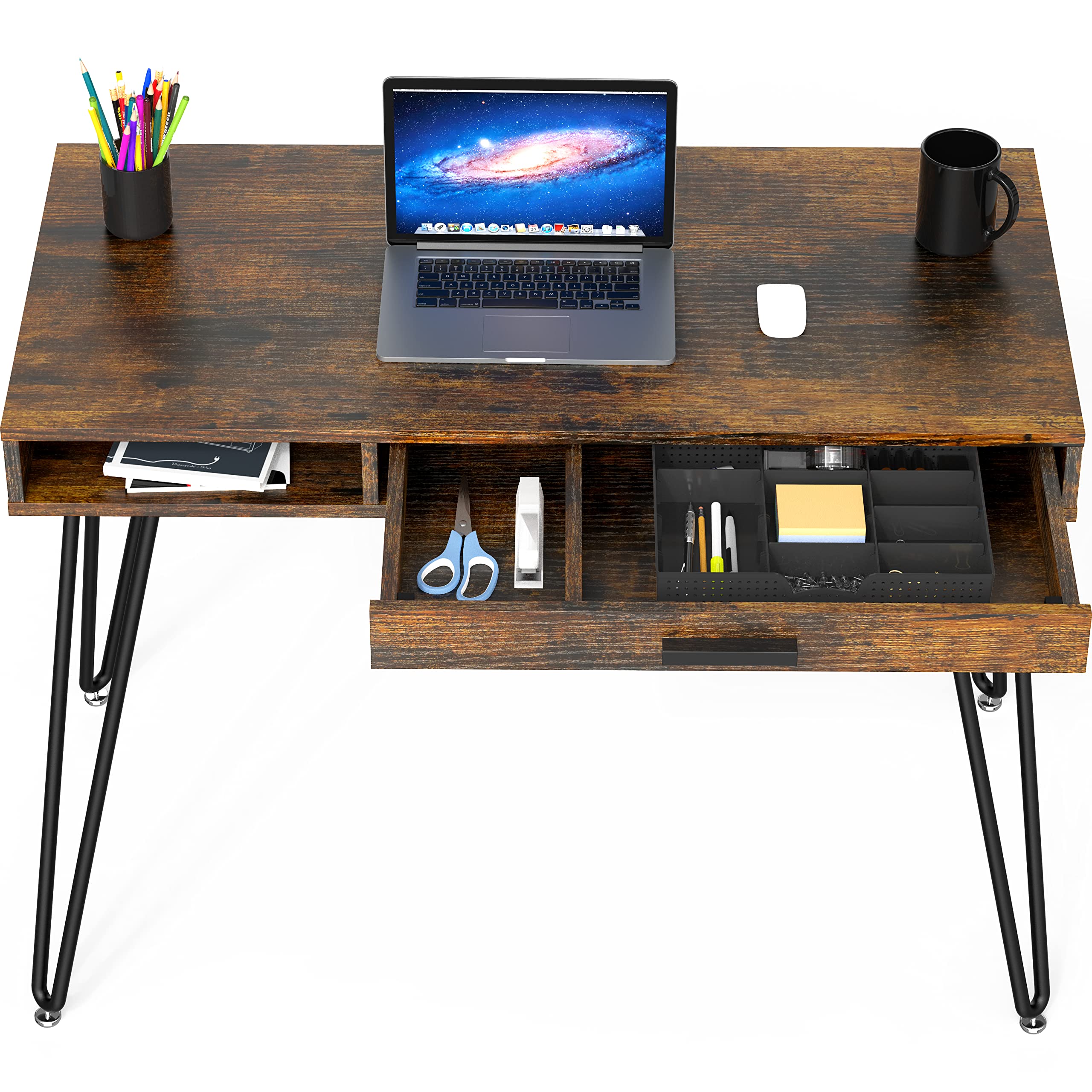 SHW Home Office Computer Hairpin Leg Desk with Drawer, Rustic Brown