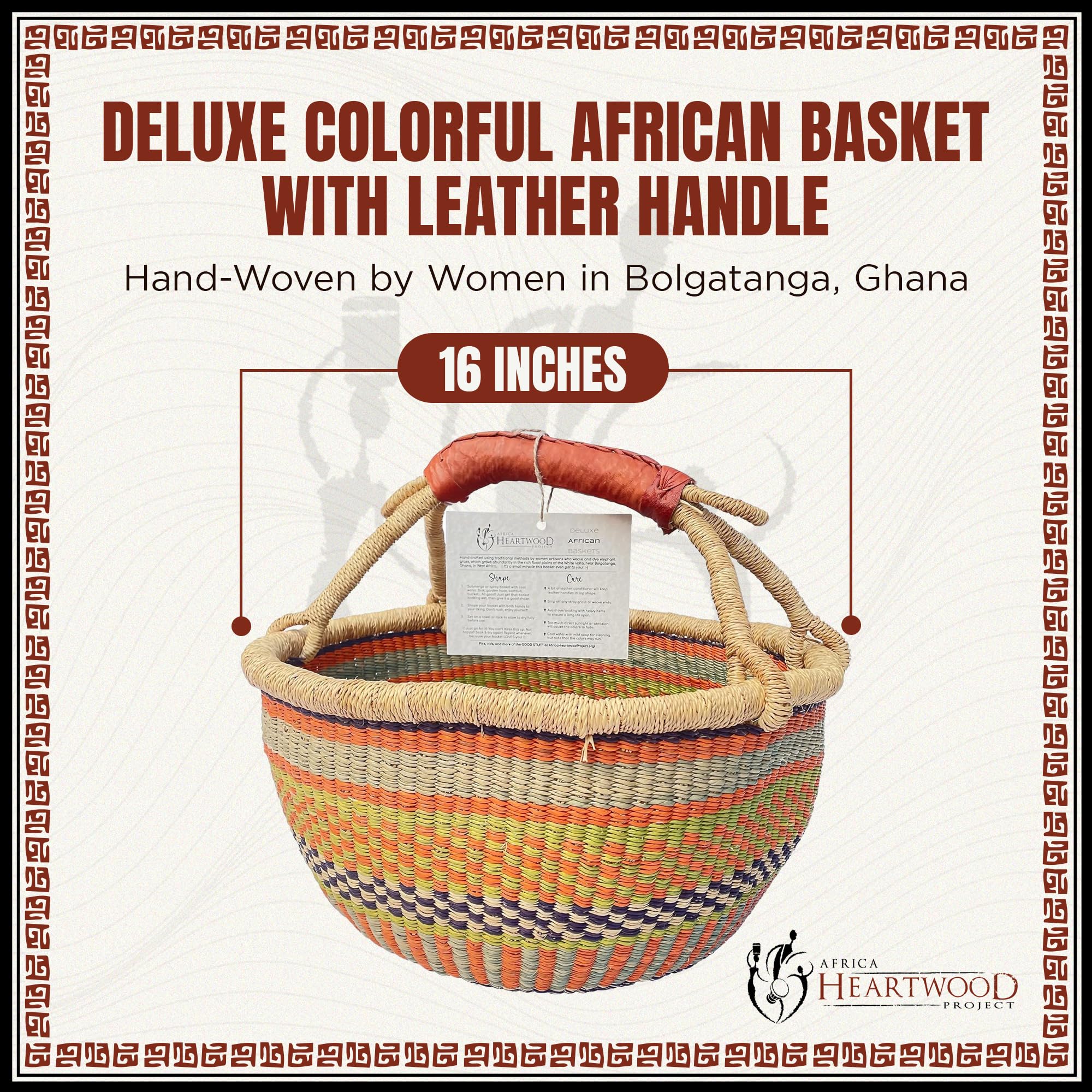 Africa Heartwood Project - Deluxe Colorful African Basket with Leather Handles - Handmade from dried Elephant Grass, Hand-Woven by Women in Bolgatanga, Ghana - Large 16" Round (Flat-packed)