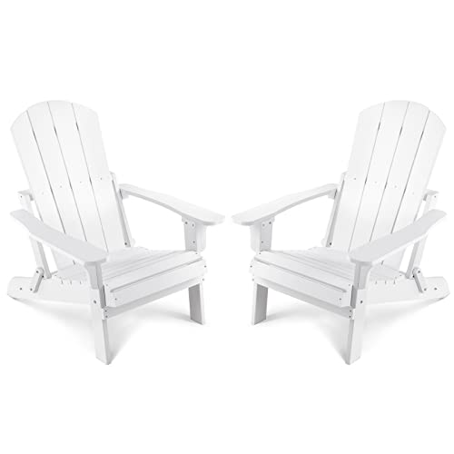 Stoog Folding All-Weather Adirondack Chairs Set of 2, 400 lbs Support, Outdoor Plastic Adirondack Chair, Looks and Feels Like Wood for Garden, Lawn, Deck, Pool, White