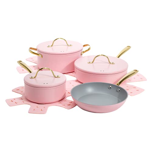 Paris Hilton Iconic Nonstick Pots and Pans Set, Multi-layer Nonstick Coating, Matching Lids With Gold Handles, Made without PFOA, Dishwasher Safe Cookware Set, 10-Piece, Pink