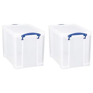 really useful box 19 liter plastic stackable storage container w/snap lid & built-in clip lock handles for home & office organization, clear (2 pack)