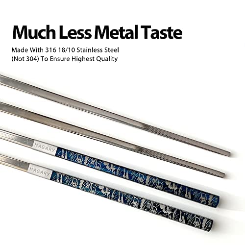 Hagary Blue Wave Chopsticks 5 Pairs Metal Chopsticks Reusable Designed In Korea Japanese Style Stainless Steel 316 18/10 Non-Slip Dishwasher Safe Laser Engraved