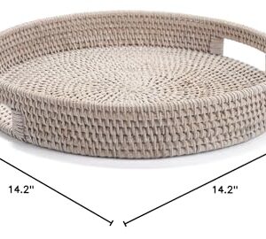 13.8 inch Round Rattan Tray, Decorative Coffee Table Tray, Ottoman Tray, Woven Serving Tray with Handles, Wicker Serving Basket, Whitewash