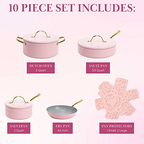 Paris Hilton Iconic Nonstick Pots and Pans Set, Multi-layer Nonstick Coating, Matching Lids With Gold Handles, Made without PFOA, Dishwasher Safe Cookware Set, 10-Piece, Pink