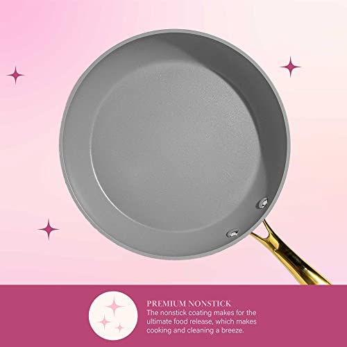 Paris Hilton Iconic Nonstick Pots and Pans Set, Multi-layer Nonstick Coating, Matching Lids With Gold Handles, Made without PFOA, Dishwasher Safe Cookware Set, 10-Piece, Pink