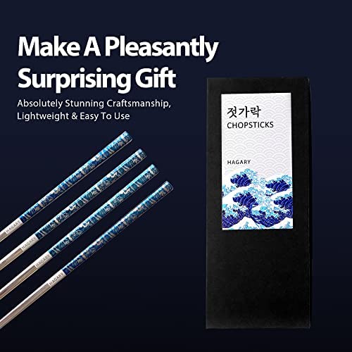 Hagary Blue Wave Chopsticks 5 Pairs Metal Chopsticks Reusable Designed In Korea Japanese Style Stainless Steel 316 18/10 Non-Slip Dishwasher Safe Laser Engraved