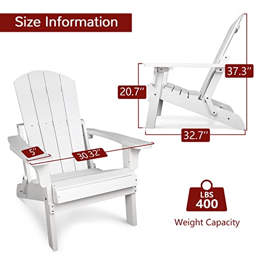 Stoog Folding All-Weather Adirondack Chairs Set of 2, 400 lbs Support, Outdoor Plastic Adirondack Chair, Looks and Feels Like Wood for Garden, Lawn, Deck, Pool, White