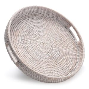 13.8 inch round rattan tray, decorative coffee table tray, ottoman tray, woven serving tray with handles, wicker serving basket, whitewash