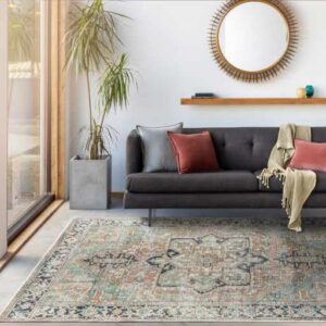 Hauteloom Nisa Living Room, Bedroom Machine Washable Area Rug - Traditional - Sage, Brick Red, Navy - 7'6" x 9'6"