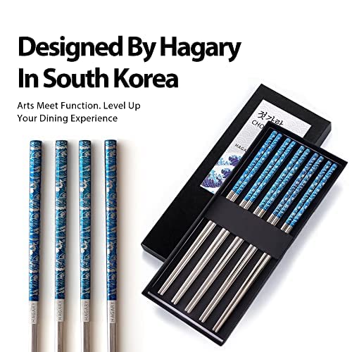 Hagary Blue Wave Chopsticks 5 Pairs Metal Chopsticks Reusable Designed In Korea Japanese Style Stainless Steel 316 18/10 Non-Slip Dishwasher Safe Laser Engraved