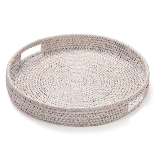 13.8 inch Round Rattan Tray, Decorative Coffee Table Tray, Ottoman Tray, Woven Serving Tray with Handles, Wicker Serving Basket, Whitewash