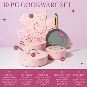 Paris Hilton Iconic Nonstick Pots and Pans Set, Multi-layer Nonstick Coating, Matching Lids With Gold Handles, Made without PFOA, Dishwasher Safe Cookware Set, 10-Piece, Pink