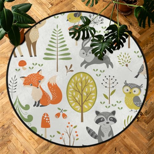 Woodland Animals Round Area Rug, Fox Elk Bear Mushroom Non-Slip Circle Rug for Bedroom Living Room Outdoor Study Playing Floor Mat Carpet, 3' Diameter